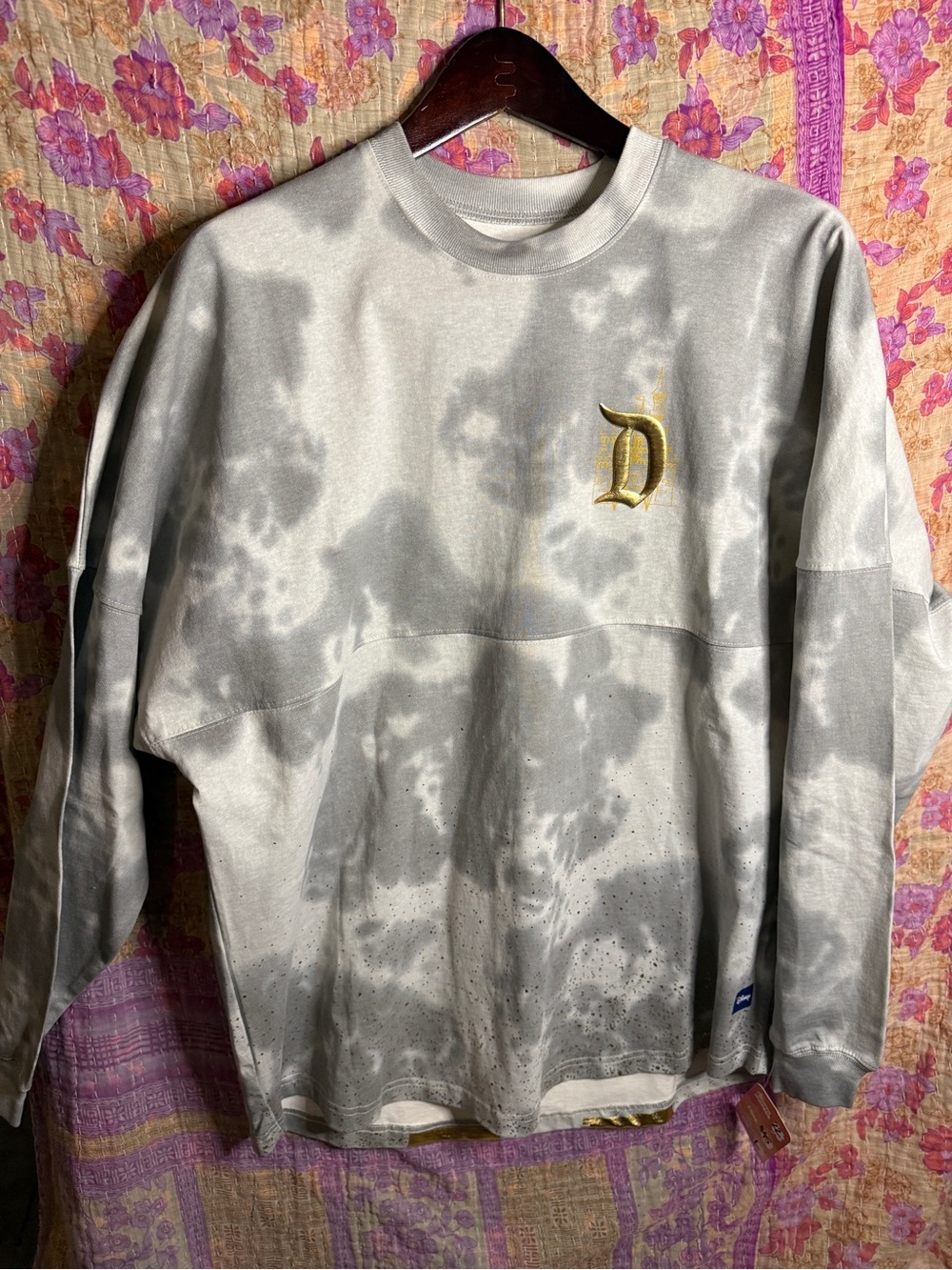 Disney Gray Tie-Dye Crewneck with Gold 'D' Patch